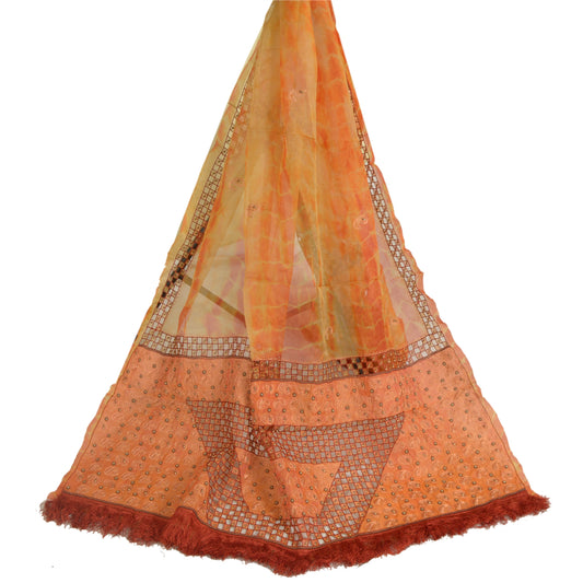Sanskriti Vintage Long Saffron Dupatta/Stole Pure Organza Hand Beaded Tie-Dye