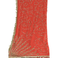 Sanskriti Vintage Long Red Dupatta/Stole Pure Chiffon Silk Hand Beaded Scarves