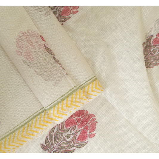 Sanskriti Vintage Dupatta Long Stole Pure Cotton Kota Doria Ivory Block Printed