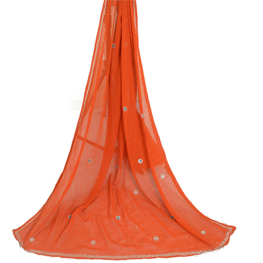 Sanskriti Vintage Long Orange Dupatta/Stole Pure Georgette Silk Hand Beaded Veil