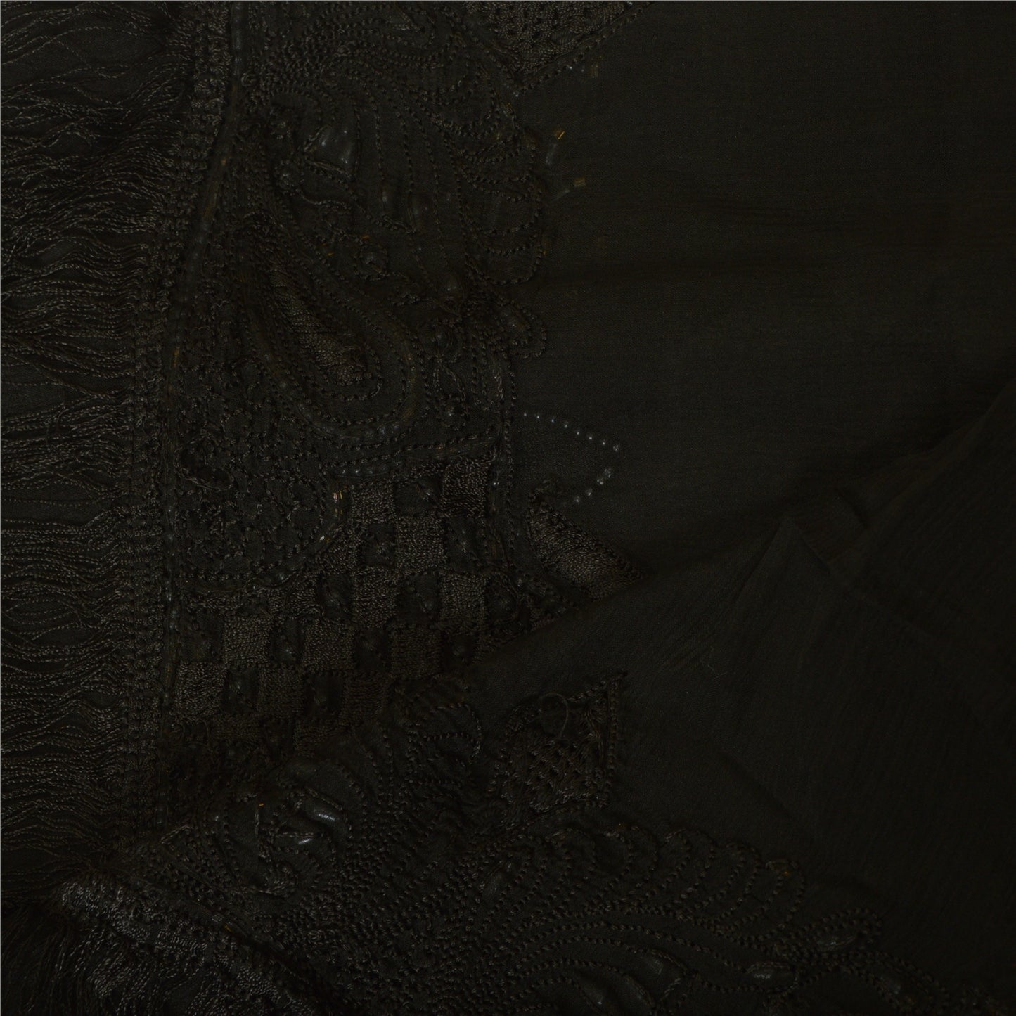 Sanskriti Vintage Long Black Dupatta/Stole Pure Chiffon Silk Hand Beaded Scarves