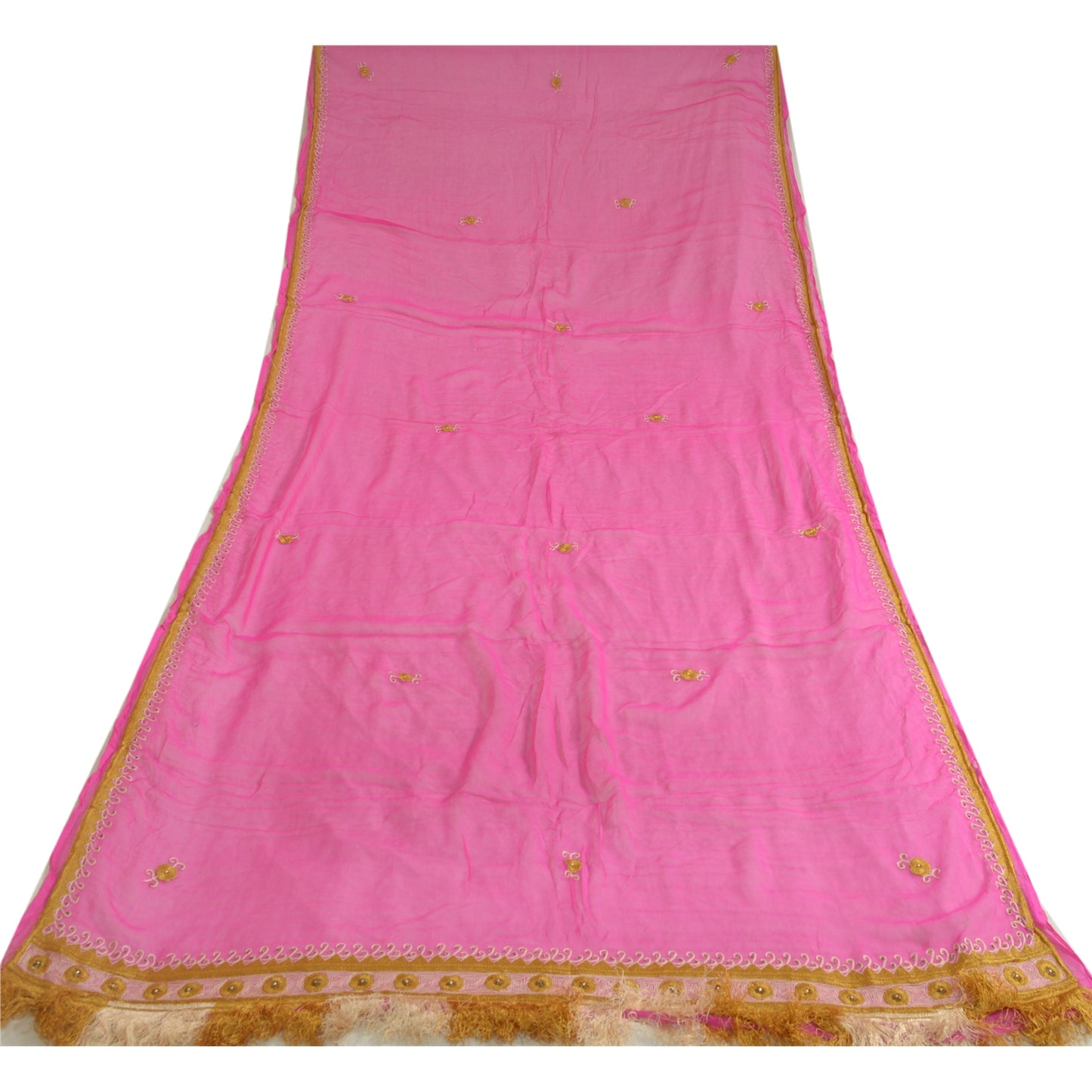Sanskriti Vintage Long Hot Pink Dupatta/Stole Pure Chiffon Silk Hand Beaded Veil