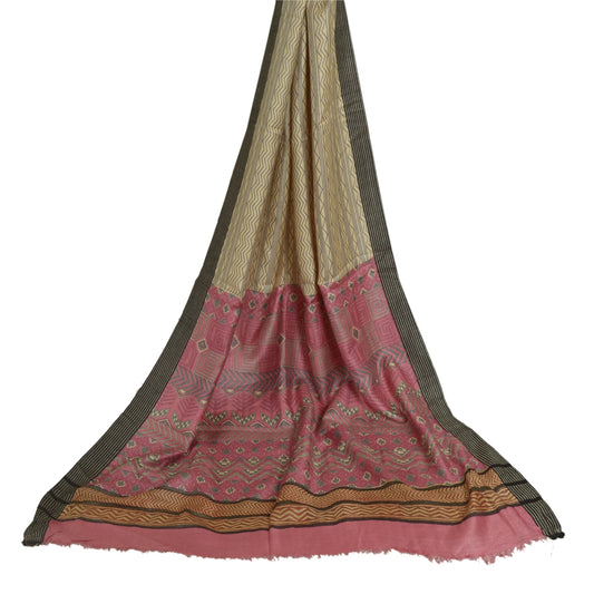 Sanskriti Vintage Long Dupatta Stole Pure Woolen Pink/Ivory Printed Wrap Shawl