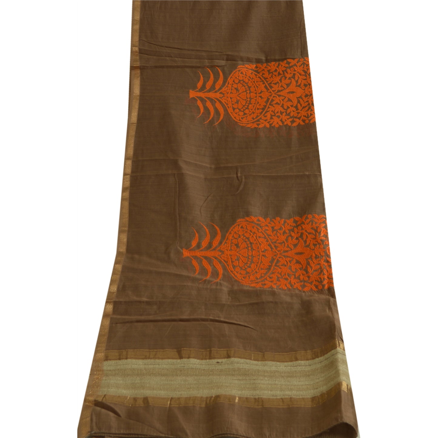 Sanskriti Vintage Long Brown Dupatta/Stole Pure Chanderi Silk Embroidered Woven