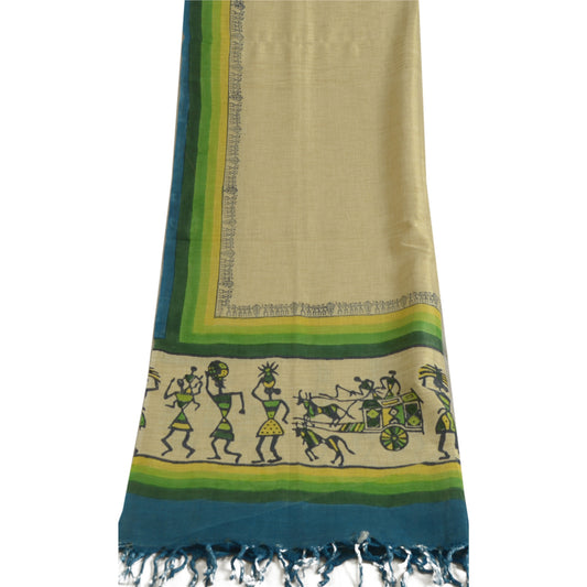 Sanskriti Vintage Long Dupatta Stole Pure Cotton Ivory/Green Warli Printed Shawl