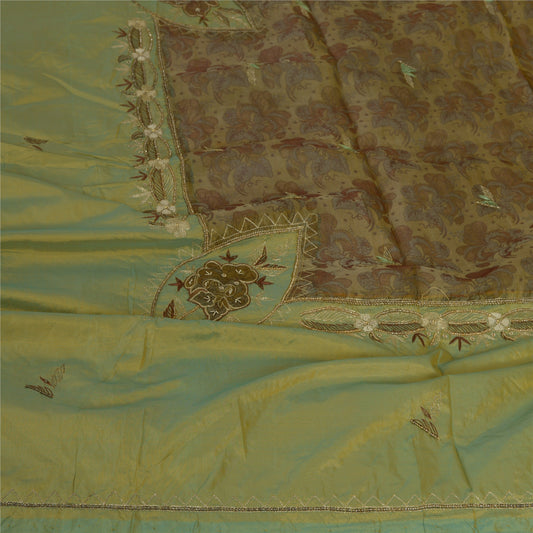 Sanskriti Vintage Long Dupatta Stole Pure Silk Green Hijab Hand Beaded Scarves