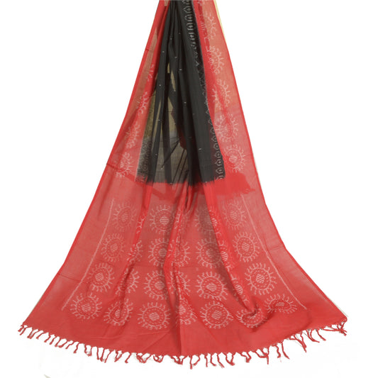 Sanskriti Vintage Long Stole Black/Red Pure Cotton Woven Sambalpuri Ikat Hijab