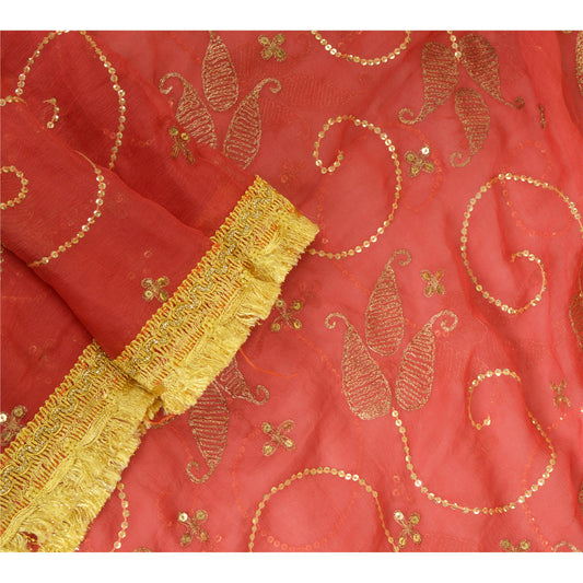 Sanskriti Vintage Long Red Dupatta/Stole Pure Chiffon Silk Hand Beaded Scarves