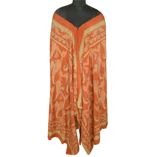 Sanskriti Vintage Long Orange Dupatta/Stole Pure Crepe Handmade Mukeish Work