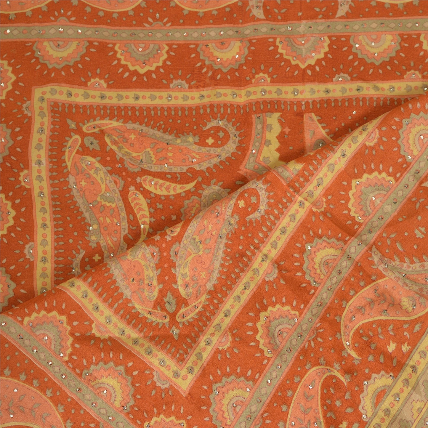 Sanskriti Vintage Long Orange Dupatta/Stole Pure Crepe Handmade Mukeish Work