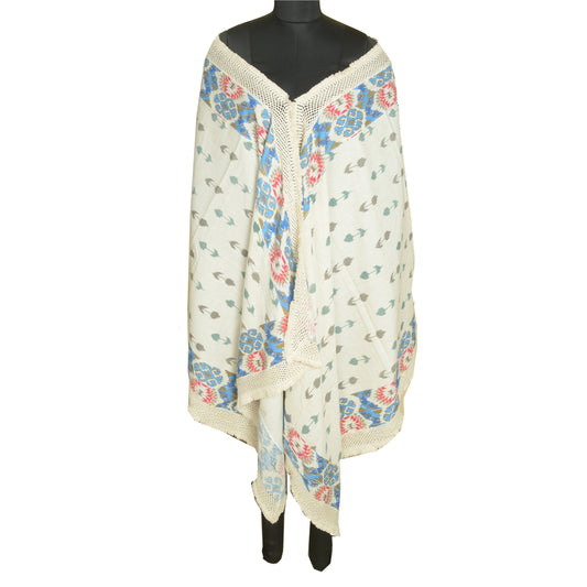 Sanskriti Vintage Long Dupatta Stole Pure Cotton Ivory Woven Ikat Wrap Shawl