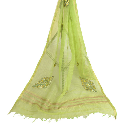 Sanskriti Vintage Long Green Dupatta/Stole Pure Chanderi Silk Handmade Kantha