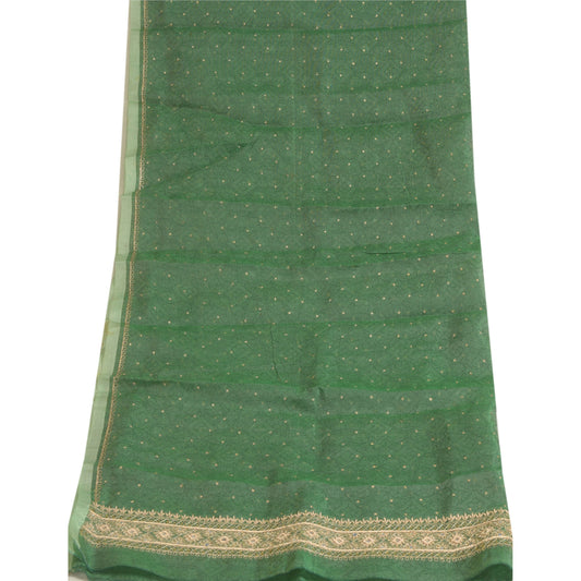 Sanskriti Vintage Long Green Dupatta/Stole Pure Organza Silk Hand Beaded Woven