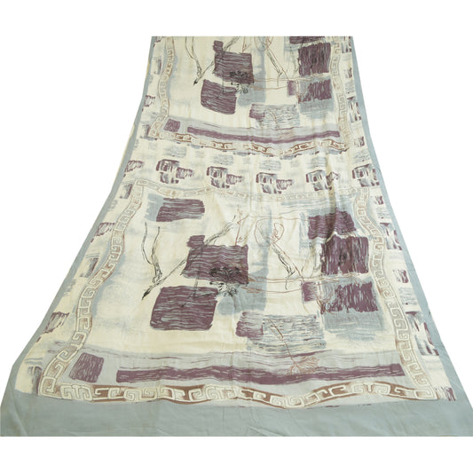 Sanskriti Vintage Long Grey/White Dupatta/Stole Pure Crepe Silk Printed Hijab