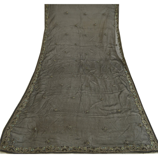 Sanskriti Vintage Long Black Dupatta/Stole Pure Chiffon Silk Hand Beaded Scarves