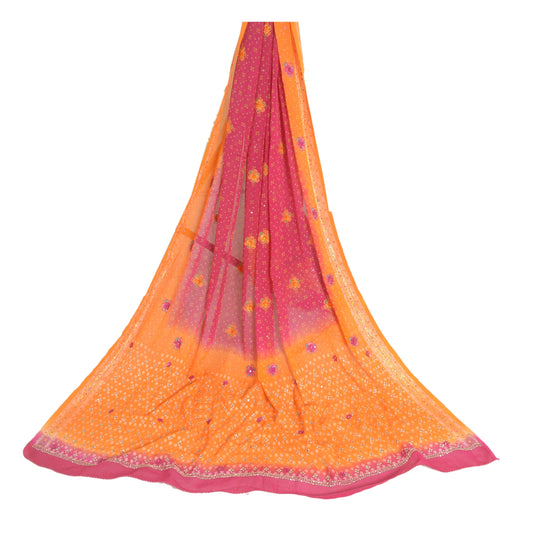Sanskriti Vintage Long Orange/Pink Dupatta/Stole Pure Georgette Silk Hand Beaded