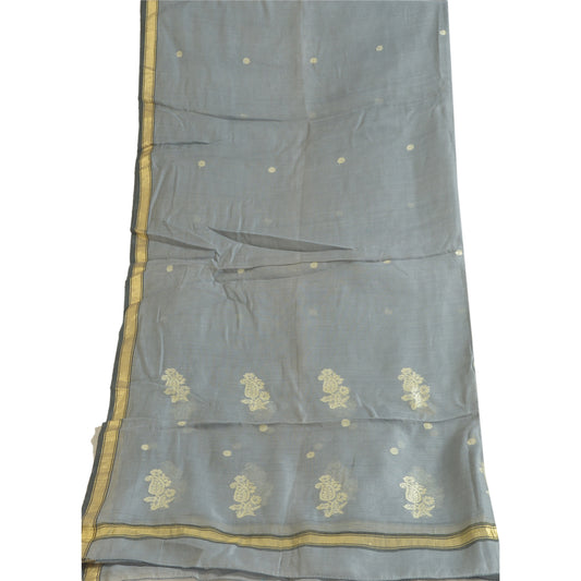 Sanskriti Vintage Long Grey Dupatta/Stole Cotton Silk Hand-Woven Tant Scarves