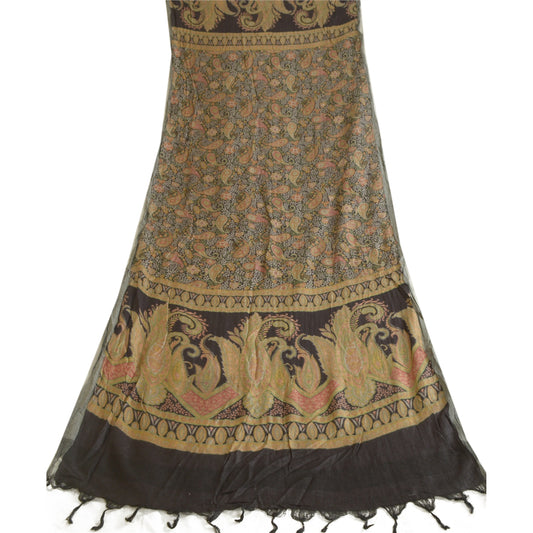 Sanskriti Vintage Long Dupatta Stole Pure Woolen Black Shawl Printed Warp Hijab