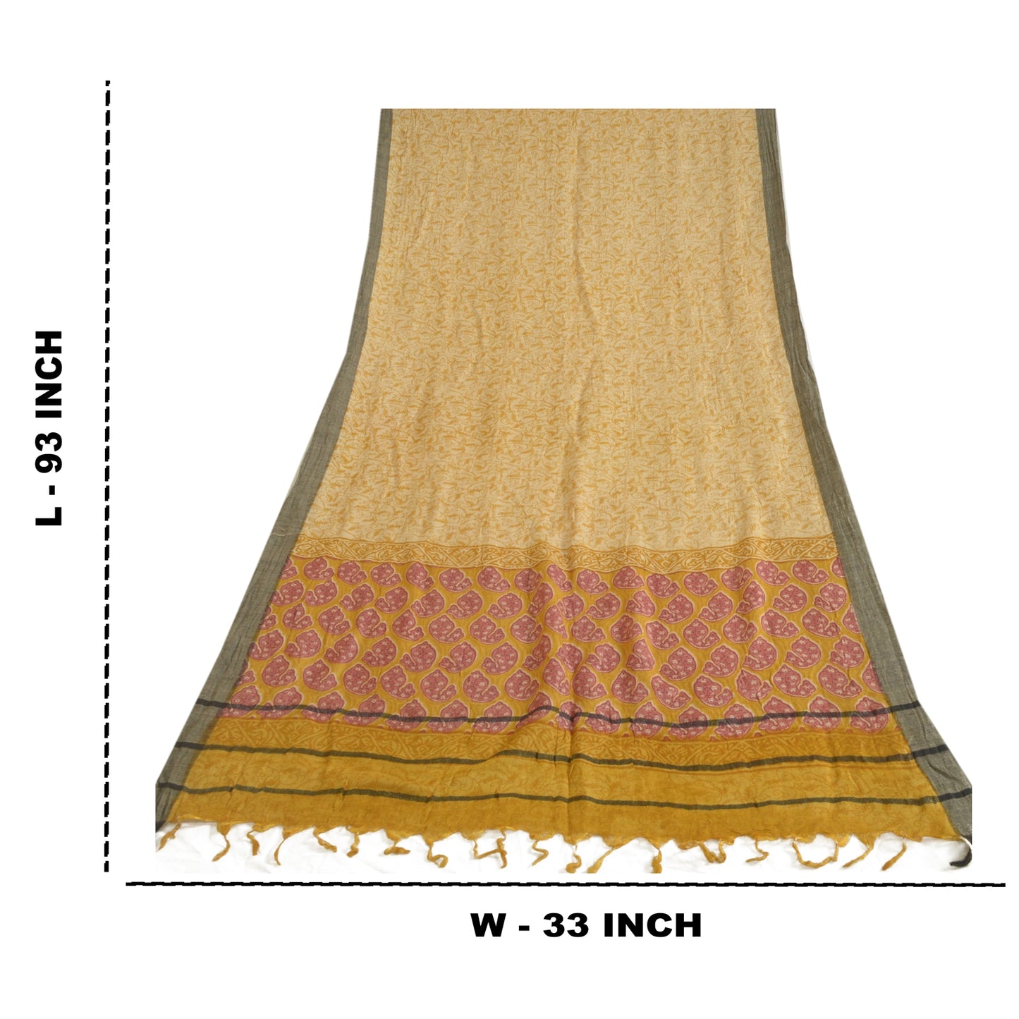 Sanskriti Vintage Ivory/Yellow Long Dupatta Stole Pure Woolen Hijab Printed Veil