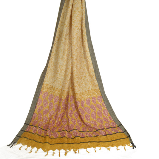 Sanskriti Vintage Ivory/Yellow Long Dupatta Stole Pure Woolen Hijab Printed Veil