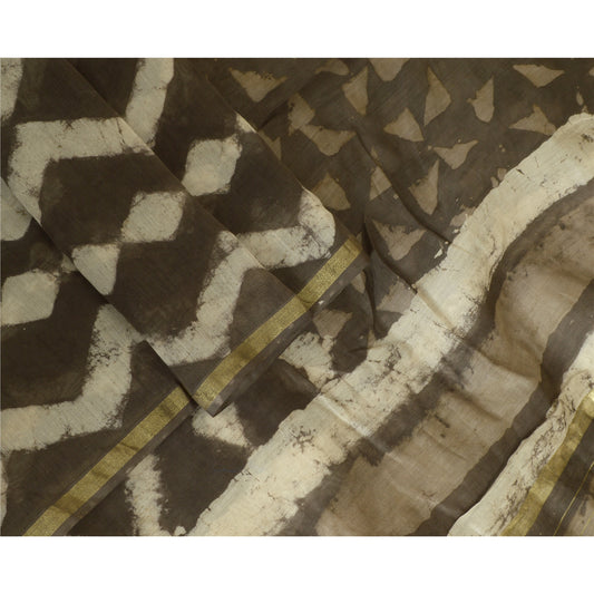 Sanskriti Vintage Dupatta Long Stole Pure Silk Brown/Ivor Batik Work Wrap Hijab