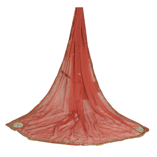Sanskriti Vintage Long Brick Red Dupatta/Stole Pure Chiffon Silk Hand Beaded