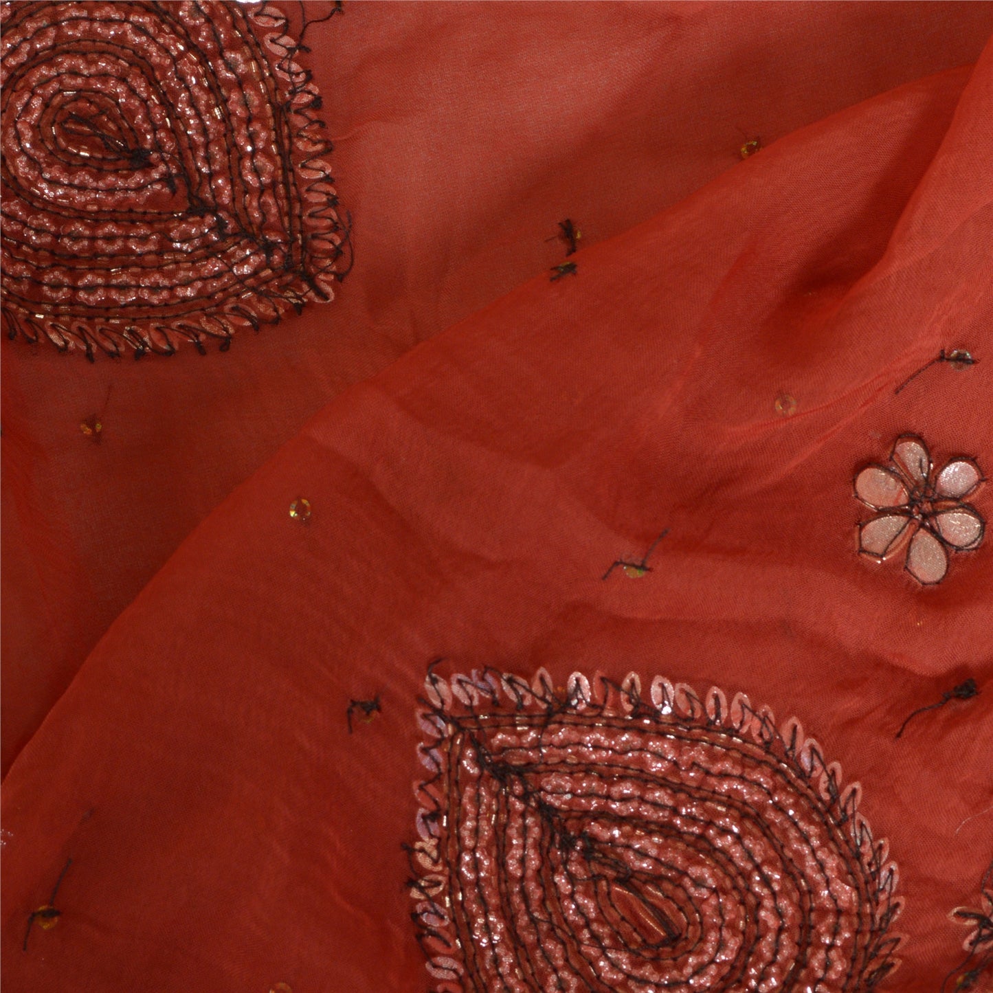 Sanskriti Vintage Lang Murstensrød Dupatta/Stole Ren Chiffon Silke Håndperlet