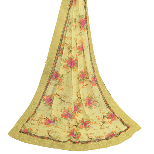 Sanskriti Vintage Long Dupatta Stole Pure Silk Yellow Embroidered Digital Print