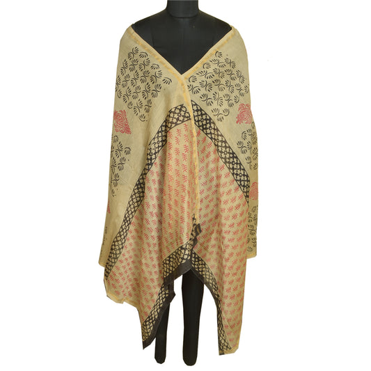 Sanskriti Vintage Long Dupatta Stole Cotton Silk Cream Hand-Block Printed Shawl