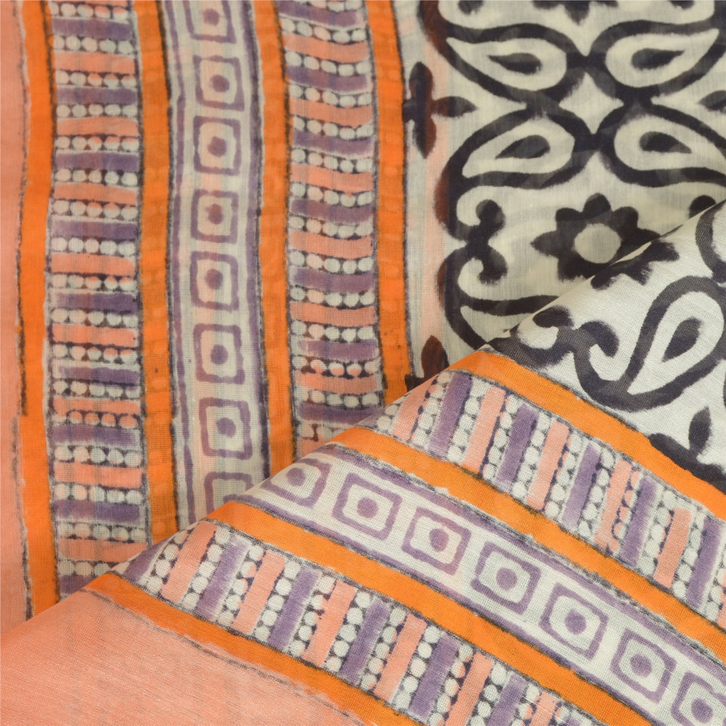 Sanskriti Vintage Lang Dupatta Stola Bomuld Silke Lilla/Ferskenfarvet Håndblokprint