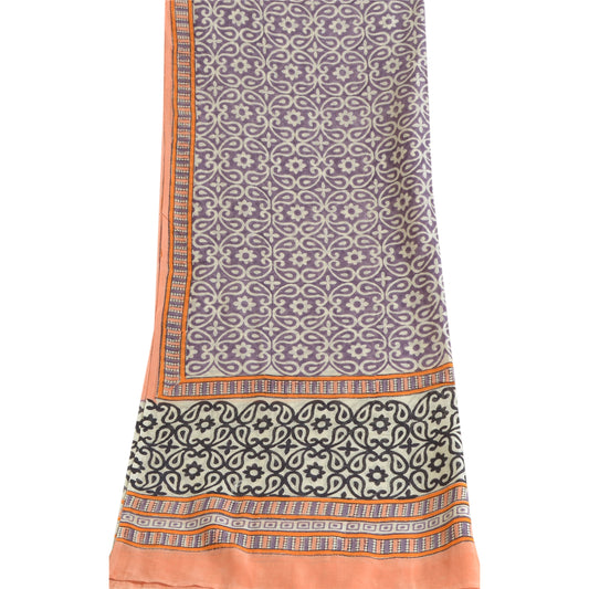 Sanskriti Vintage Long Dupatta Stole Cotton Silk Purple/Peach Hand-Block Print