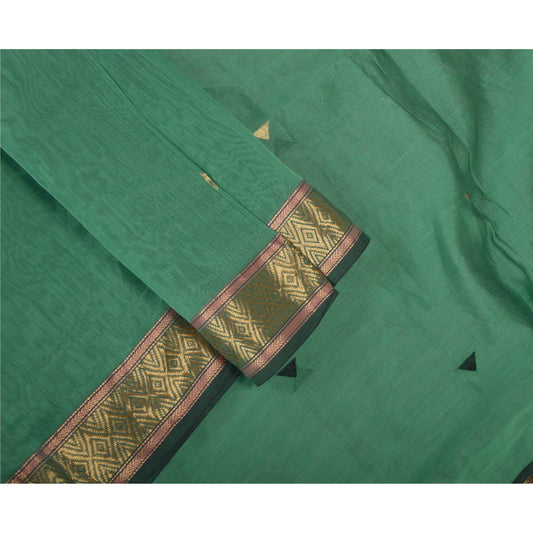 Sanskriti Vintage Long Green Dupatta/Stole Pure Canderi Silk Woven Zari Veil