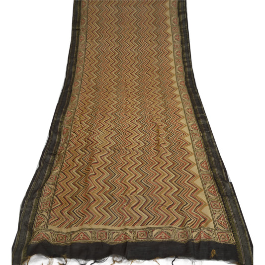 Sanskriti Vintage Long Dupatta Stole Pure Silk Brown Hand-Block Printed Shawl