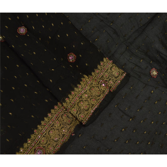 Sanskriti Vintage Long Black Dupatta/Stole Pure Georgette Silk Hand Beaded Woven