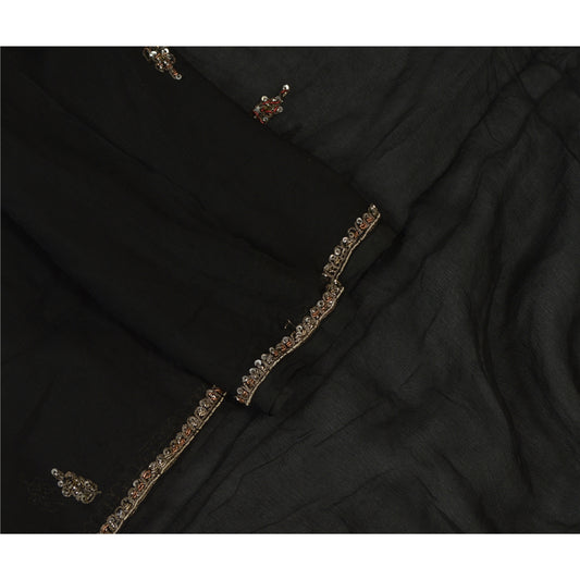 Sanskriti Vintage Dupatta Long Stole Pure Chiffon Silk Black Hand Beaded Scarves