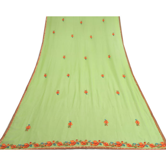 Sanskriti Vintage Dupatta Long Stole Pure Georgette Silk Green Hand Beaded Veil