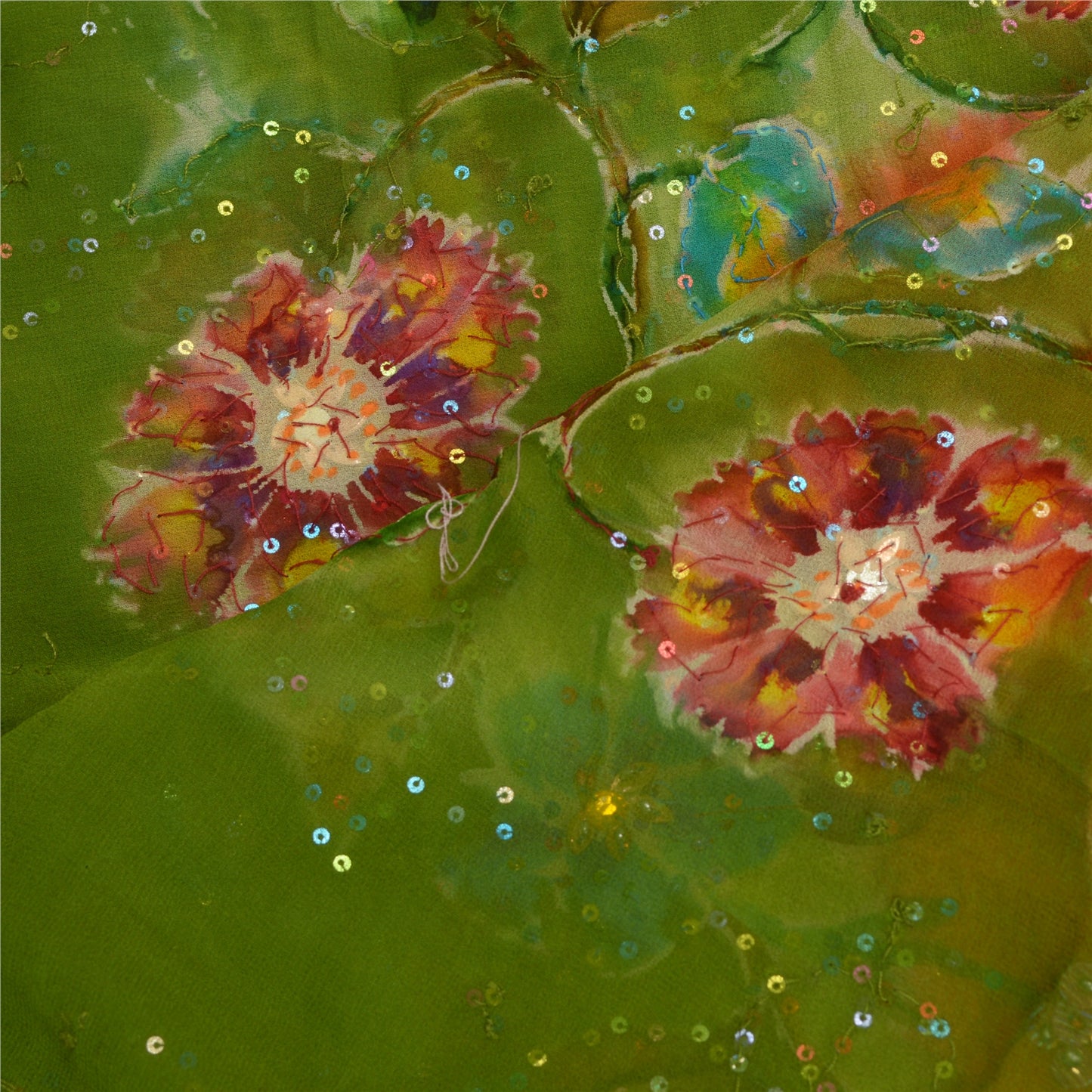 Sanskriti Vintage Dupatta Long Stole Pure Georgette Silk Orange/Green Hand Beads