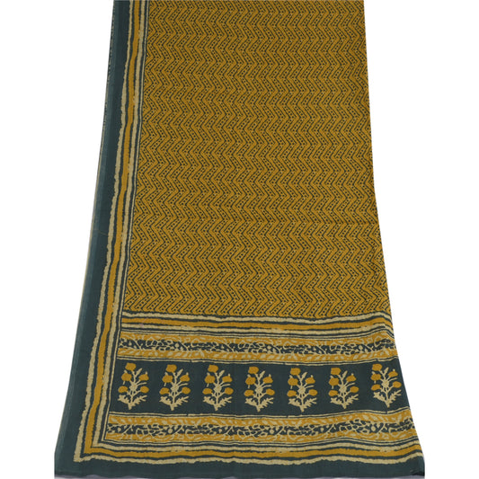 Sanskriti Vintage Dupatta Long Stole Pure Cotton Mustard/Green Batik Print Veil