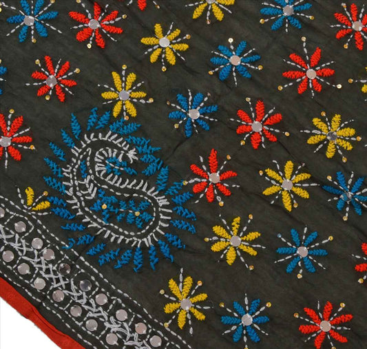 Sanskriti Vintage Dupatta Long Scarf One OF A Kind Green Hand Embroidered Phulkari Stole