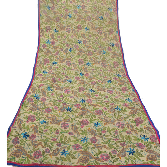 Sanskriti Vintage New Cream Heavy Dupatta Hand Embroidered Kantha Stole Chanderi Silk