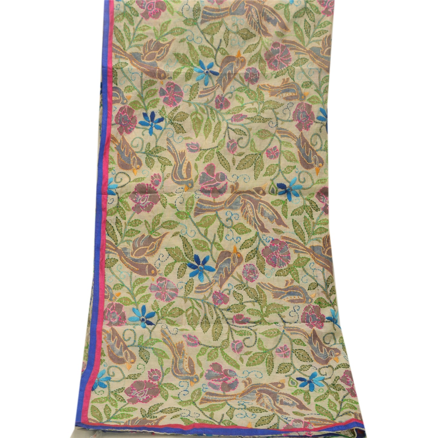 Sanskriti Vintage New Cream Heavy Dupatta Hand Embroidered Kantha Stole Chanderi Silk