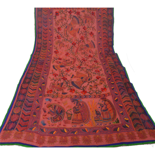 Sanskriti Vintage New Pink Heavy Dupatta Hand Embroidered Kantha Stole Chanderi Silk