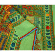 Sanskriti New Green Heavy Dupatta Hand Embroidered Kantha Stole Chanderi Silk