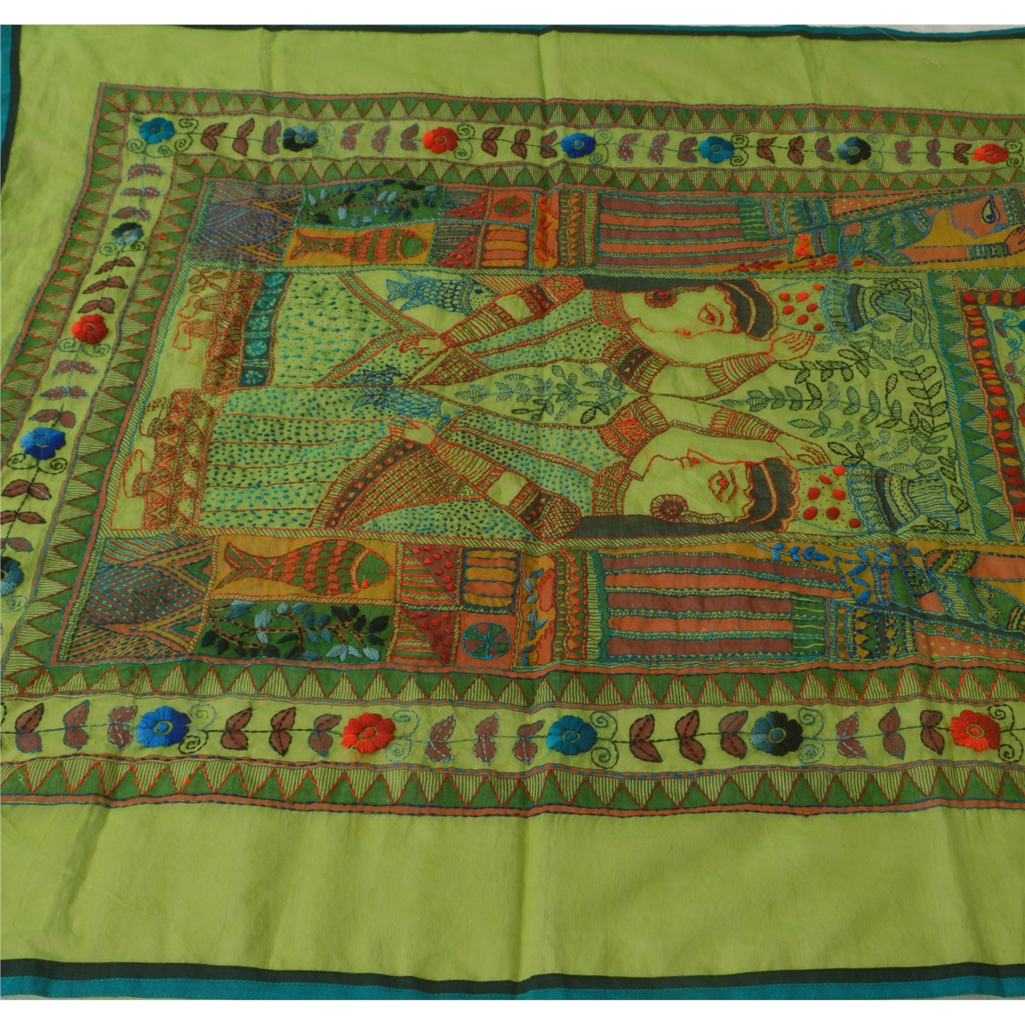 Sanskriti Vintage New Green Heavy Dupatta Hand Embroidered Kantha Stole Chanderi Silk