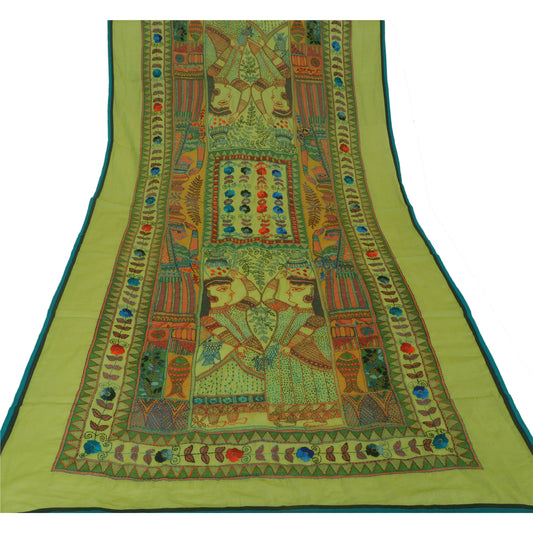 Sanskriti Vintage New Green Heavy Dupatta Hand Embroidered Kantha Stole Chanderi Silk