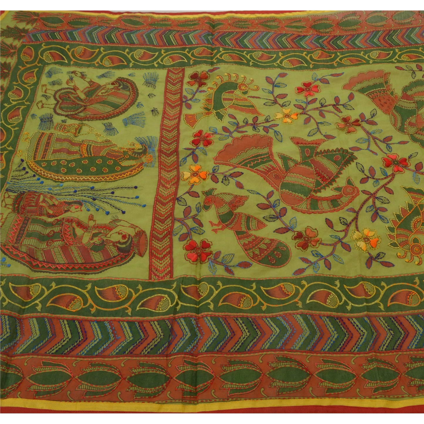 Sanskriti Vintage New Green Heavy Dupatta Hand Embroidered Kantha Stole Chanderi Silk