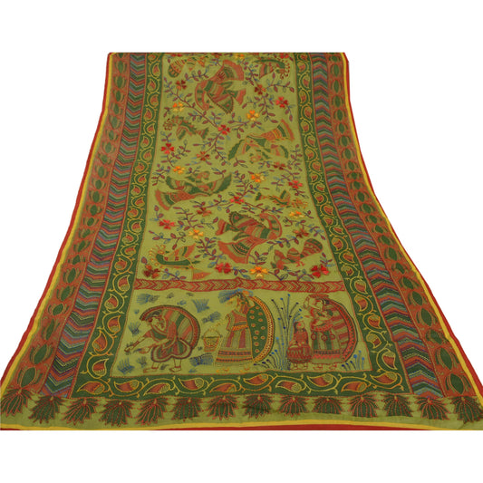 Sanskriti Vintage New Green Heavy Dupatta Hand Embroidered Kantha Stole Chanderi Silk