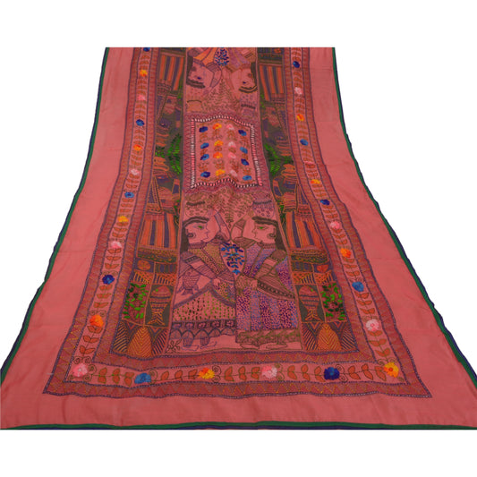 Sanskriti Vintage New Pink Heavy Dupatta Hand Embroidered Kantha Stole Chanderi Silk