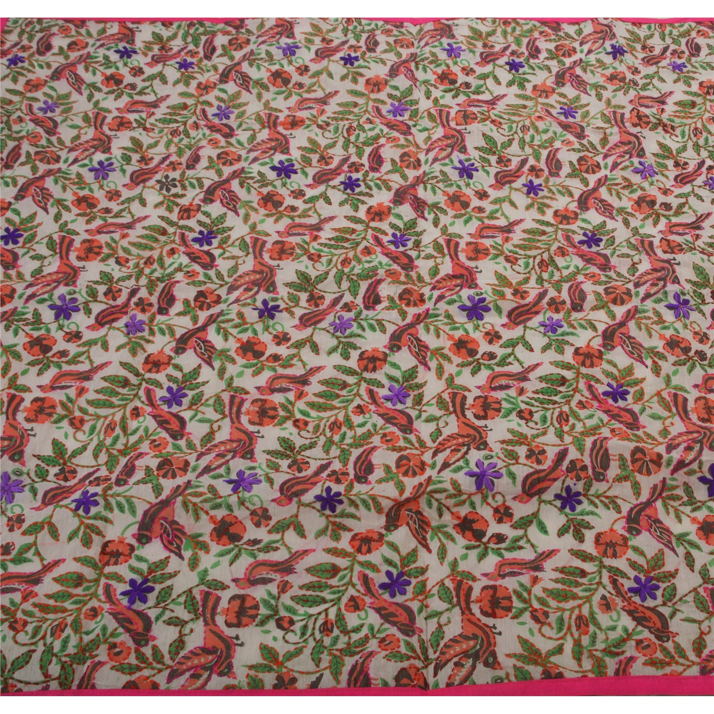 Sanskriti Vintage New White Heavy Dupatta Hand Embroidered Kantha Stole Chanderi Silk