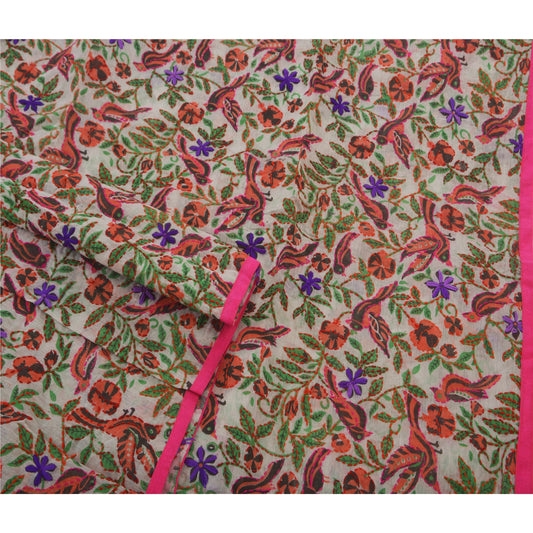 Sanskriti Vintage New White Heavy Dupatta Hand Embroidered Kantha Stole Chanderi Silk